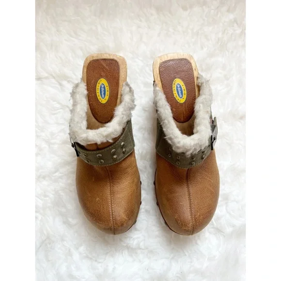 DR. SCHOLL’S Top Gun Wooden Clogs 6 Mules Fur - Picture 4 of 9